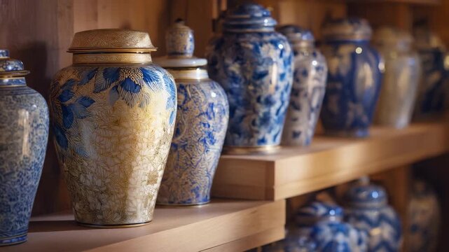 Medium shot of ceramic urns with intricate handpainted patterns displayed elegantly on wooden shelves in soft natural light.
