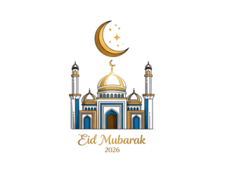 Eid Mubarak 2026 Mosque Illustration with Crescent Moon and Stars On White Background