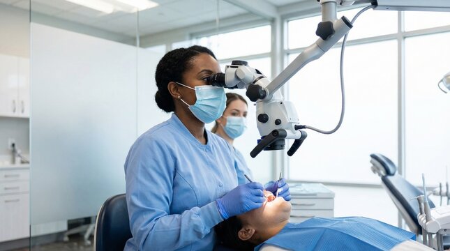 Female African American dentist using dental microscope to treat patient in modern clinic, advanced dental care, professional hygiene and oral health concept. Whitening, check-up, rehabilitation
