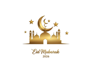 Golden Eid Mubarak 2026 with Mosque, Crescent Moon & Stars On White Background