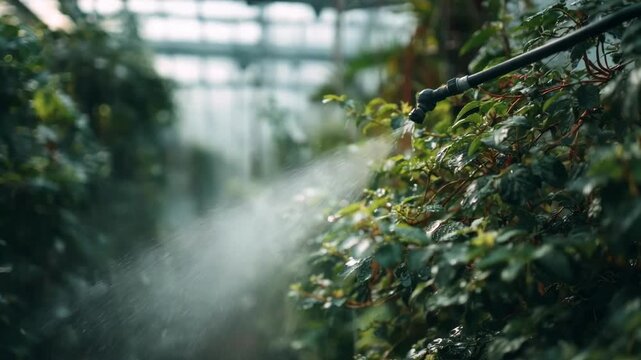 Medium shot showcasing a misting irrigation system gently humidifying greenhouse foliage emphasizing delicate hydration for sensitive plants.