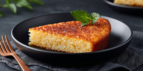 Basbousa in dish on dark background