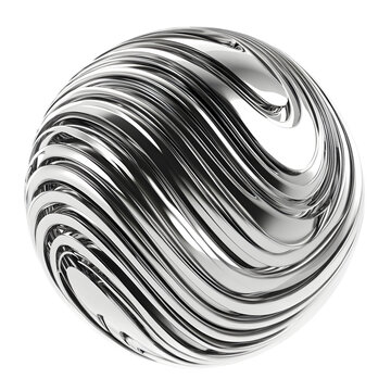 Abstract silver chrome sphere with swirling striped lines pattern on transparent background rendering