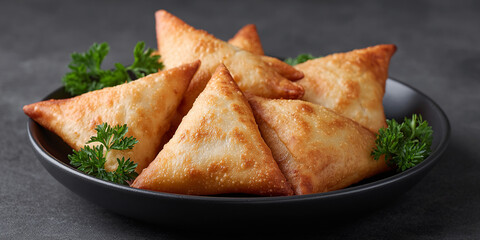 Samboosa in dish on dark background
