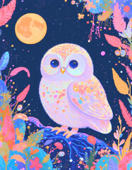 Obraz premium creating a harmonious fusion of flora and fauna in a textured,painterly design,a white owl, moon ,dark background .children's illustration