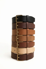 Trendy leather belts collection. fashion still life