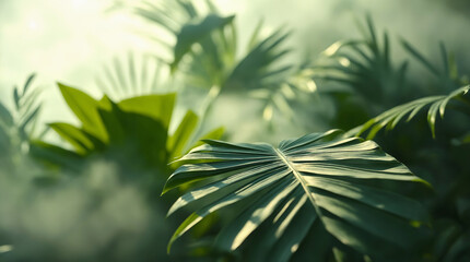 tropical palm leaves in sunlight. Green foliage background