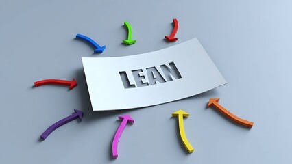 Multiple colorful arrows converging on a white paper with the word LEAN cut out, representing a business strategy or concept.