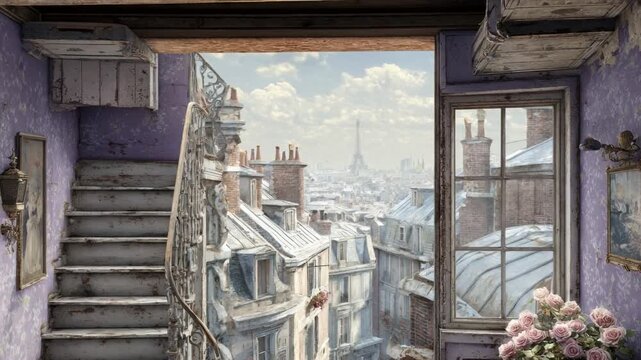 An interior shot with staircase leading to a view of a city with a famous tower