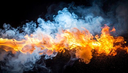 Dynamic horizontal trail of fire and billowing smoke on a dark backdrop, showcasing contrasting elements