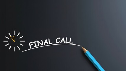 Conceptual image of a stylized clock and the words "FINAL CALL" written in white chalk on a dark background, with a blue pencil finishing the text.