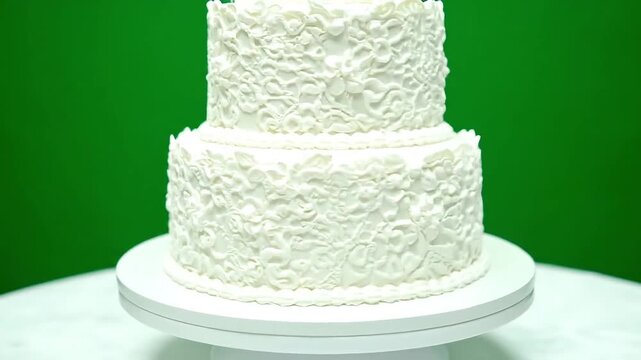 Elegant white wedding cake on a turntable against green background