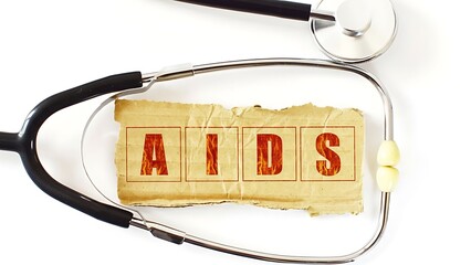 Stethoscope encircles torn cardboard with "AIDS" text in fiery red font, symbolizing health crisis and medical awareness on white background.