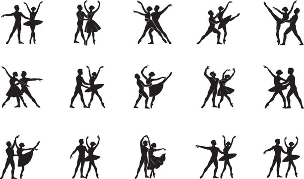   Elegant ballet couple silhouette set with male dancer extending arm and ballerina dancing on transparent background.