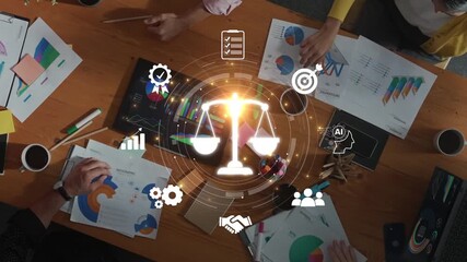 A dynamic business meeting showcasing diverse professionals collaborating on innovative legal solutions, with digital technology and legal symbols representing teamwork and strategy. Raster - Powered by Adobe