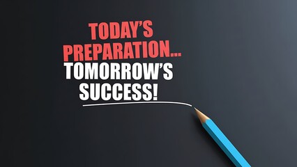 Bright blue pencil draws a white line under bold red and white text 'Today's Preparation... Tomorrow's Success!' on a dark background