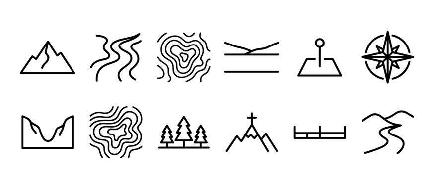 Topographic map symbols and geography line icons set featuring mountains, rivers, contour lines, a compass rose, and forest for cartography and outdoor adventure themes