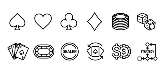 Black outline casino and gambling icon set featuring card suits, poker chips, dice, a dealer button, and a strategy flowchart for gaming concepts and design elements