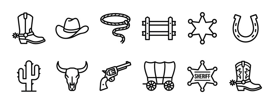 Set of twelve black line art icons with a wild west theme, including a cowboy boot, hat, lasso, sheriff badge, revolver, bull skull, and covered wagon in a simple minimalist style