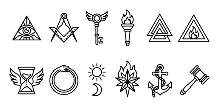 Set of esoteric and masonic symbols in a minimalist black line art style, featuring the all-seeing eye, ouroboros, winged key, anchor, and other mystical alchemical icons