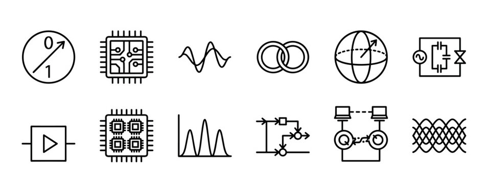 Set of thin line icons representing quantum computing and physics concepts, including a qubit, microchip, entanglement, Bloch sphere, and various electronic circuit diagrams