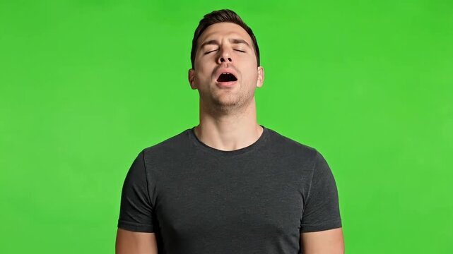 Young man expressing surprise or shock in front of green background