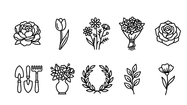 Collection of black line art icons featuring various flowers, gardening tools, a bouquet, and a wreath in a minimalist, graphic style for design and decoration