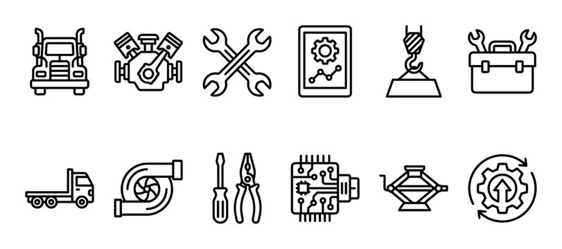 Truck repair and maintenance service icons set featuring a semi-truck, engine, toolbox, diagnostic tool, turbocharger, and other automotive parts in a clean line art style