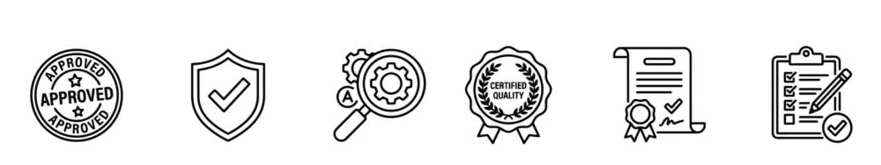 Quality control and certification vector icon set with an approved stamp, certified badge, inspection checklist, and guarantee shield for business standards and compliance