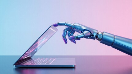 Futuristic robotic hand interacting with modern silver laptop on gradient background
