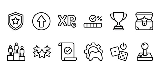 Set of gamification line icons for video game achievements, including trophy, leaderboard, experience points, and level up symbols in a minimalist black outline vector style
