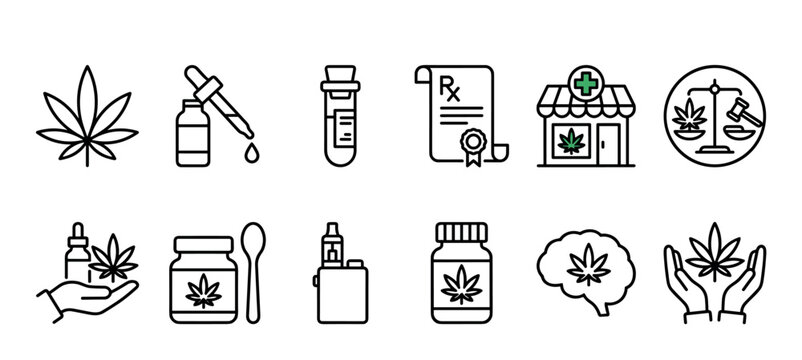 Medical cannabis and CBD oil icon set with various line art symbols for dispensary, prescription, legalization, therapy, and alternative medicine