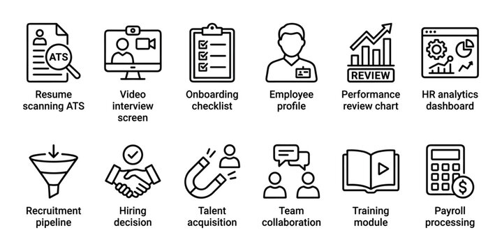 Human resources management line icon set showing recruitment, onboarding, performance review, analytics, and payroll processing for business operations and employee lifecycle