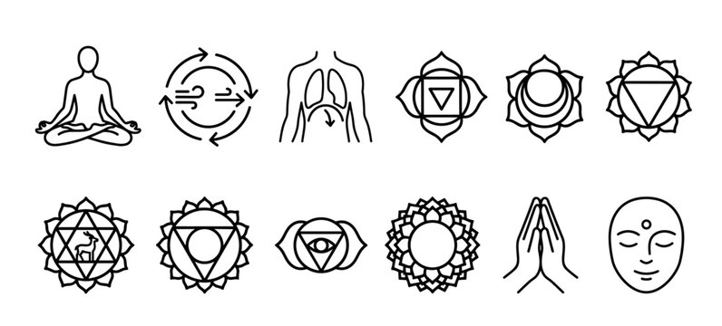 Yoga meditation and chakra line art icons collection showing spiritual symbols like lotus pose, breathing, namaste hands, and the seven energy centers for wellness and balance
