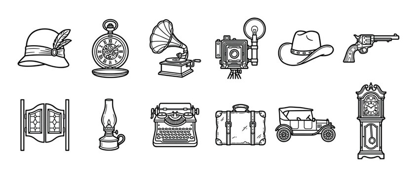 Black line art icon set of vintage American objects including a gramophone, typewriter, old camera, and cowboy hat in a clean, minimalist illustration style