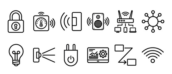 Collection of black line art icons for smart home automation and the internet of things, featuring symbols for security, lighting, connectivity, and device control