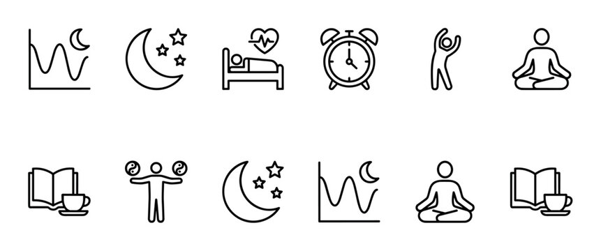 Set of black line icons representing sleep hygiene, daily routine, and wellness concepts like meditation, healthy sleep, and relaxation, arranged in two rows for graphic design