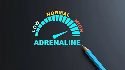 Adrenaline meter showing normal levels with a pointer and descriptive text on a dark background, next to a blue pencil, concept for energy and vitality.