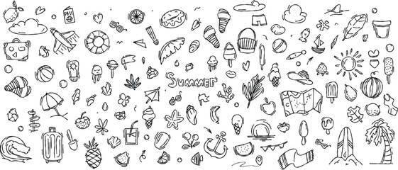 Obraz premium Hand Drawn Summer Doodle Elements Set with Travel, Beach and Vacation Icons