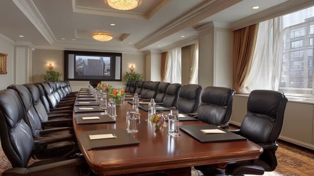 Medium shot of a boardroom setup with a long polished table executive chairs and a large screen for formal client presentations.