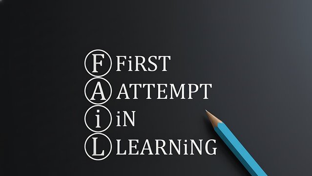 Chalkboard with the acronym FAIL: First Attempt In Learning, next to a blue pencil, symbolizing the educational process of overcoming mistakes.