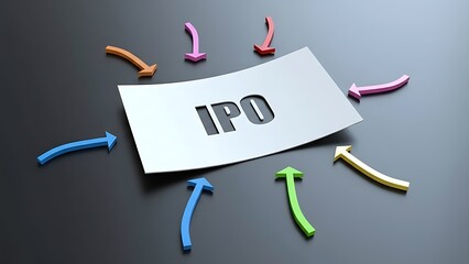 Colorful arrows pointing towards a white paper with 'IPO' embossed in the center on a dark grey surface, symbolizing business growth and investment opportunities.