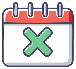 Fototapeta premium Cartoon calendar icon with a green X mark representing a canceled event or incorrect date
