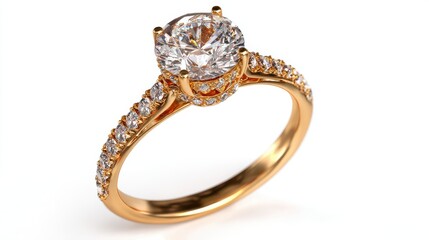 Elegant gold diamond engagement ring with pave set stones isolated on white background