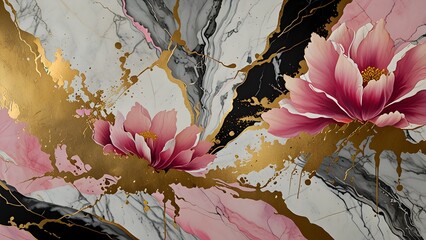 Abstract Floral Art with Peony Flowers and Shimmering Gold Accents