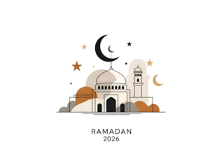 Ramadan 2026 Mosque Crescent Moon Stars Minimalist Art Isolated on Transparent Background 