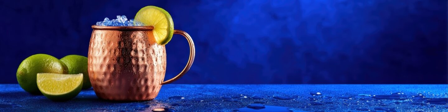 Cold Moscow Mule Cocktail in Copper Mug with Lime on Blue Background