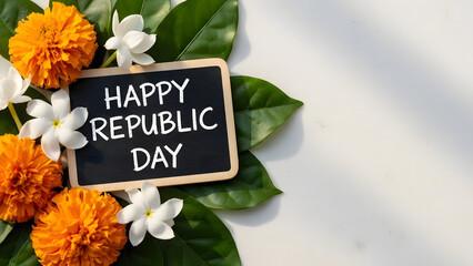 Happy Republic Day Greeting with Marigold Flowers and Chalkboard on White Marble