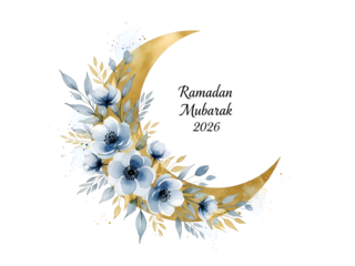 Ramadan Mubarak 2026 Watercolor Crescent Moon Floral Design Isolated on Transparent Background