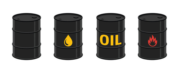 Oil Barrels with Industrial Hazard Symbols, Crude Petroleum Fuel Storage, Energy and Chemical Safety Concept, Flat Vector Illustration.